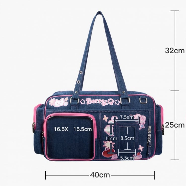 Denim with Hand Ita Deep Blue Cute Embroidery Bag