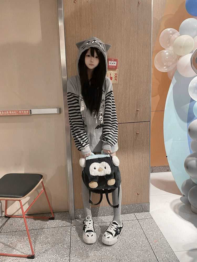 Alt-Culture Halloween-Themed Jacket Print Gray Zip-Up with Hood Cat-Ear