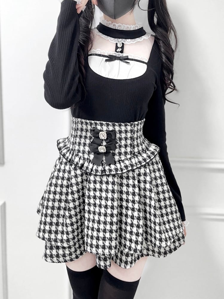 Double Sweet with Bows Houndstooth Kei Jirai Edgy Layers Black Detachable Skirt: Tweed