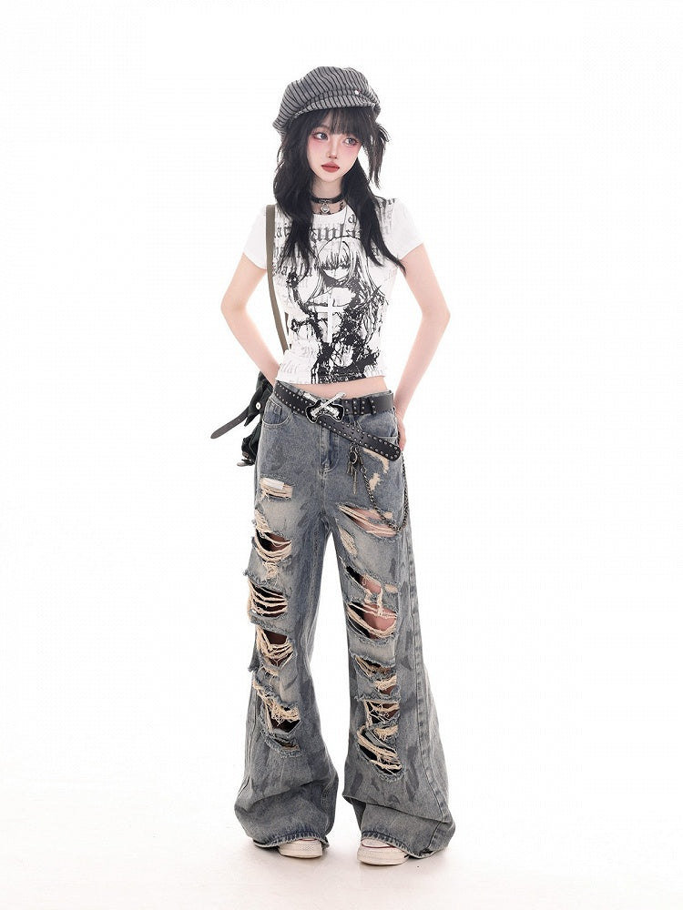 Anime Girl & Letter Graphic Tee Cotton Slim Cut Short Sleeve White Top - KNOW8 Online Shop