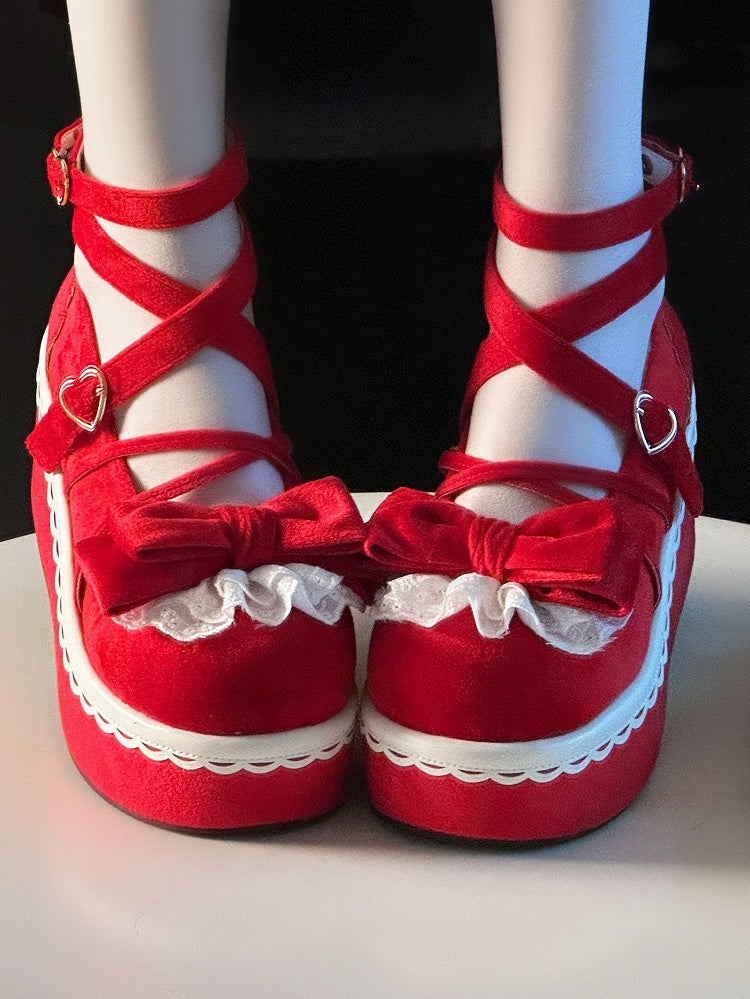 Lolita Velvet with Red Mary Janes - Crisscross Romantic for Lace Bow Design Accented Clasp