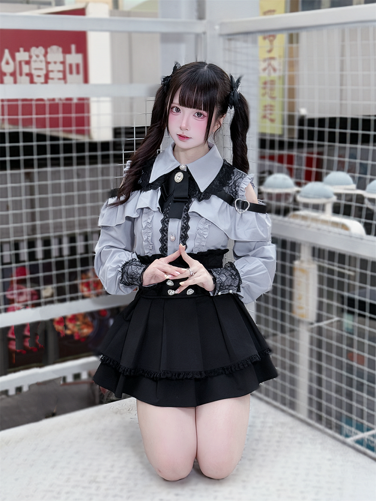 Long Blouse Sleeves Dusty Buttons Blue - Kei Sweetheart Jirai