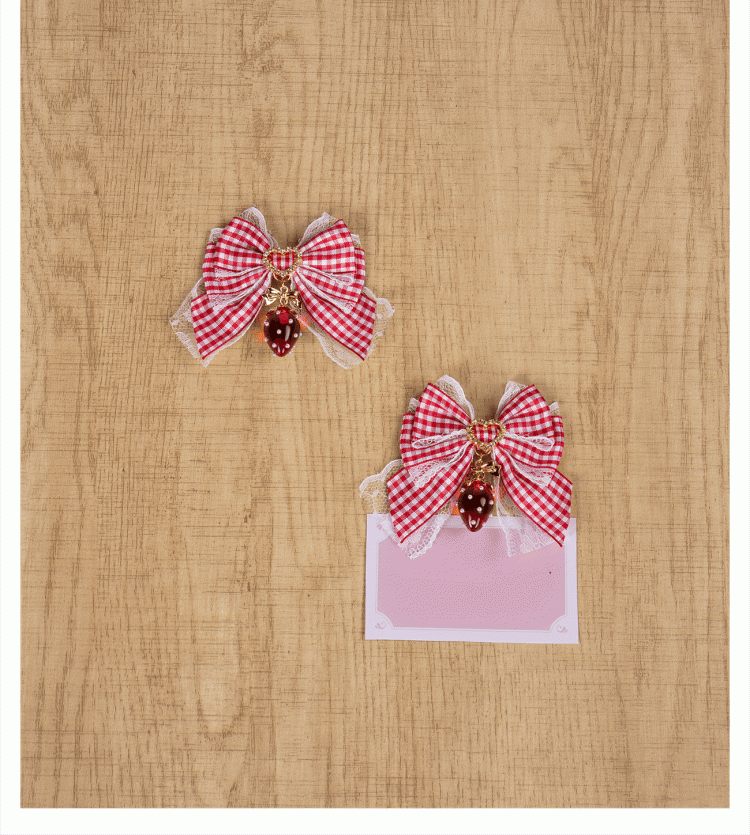 Lolita Sweet Bowknot Kei Plaid with Charm Red/Pink/Black Strawberry Hairclips Jirai - Style