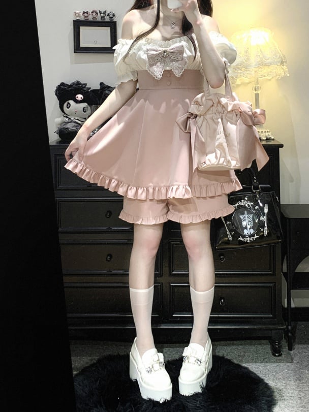 オフショルダーネックラインミニドレス&ショーツセット ジライケイ ブラック/ピンク/ブルー