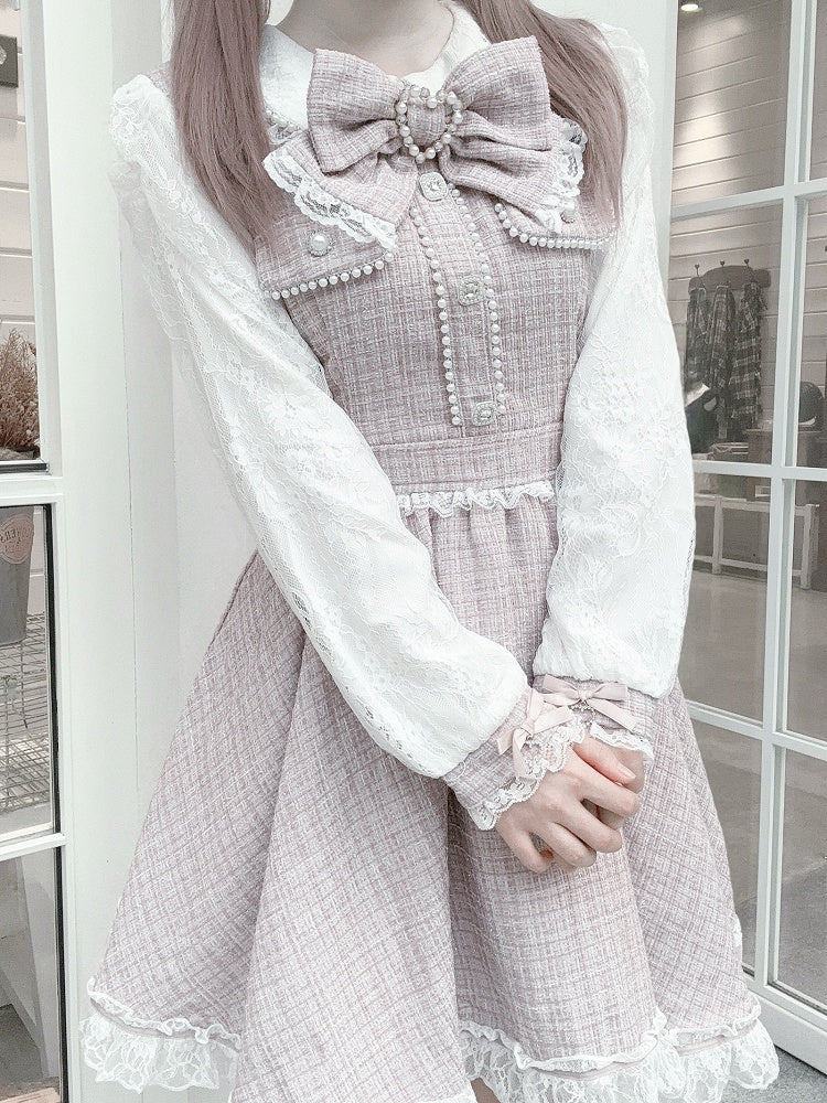 Pink Beadwork Detailed Tweed Dusty Jirai - Kei Dress