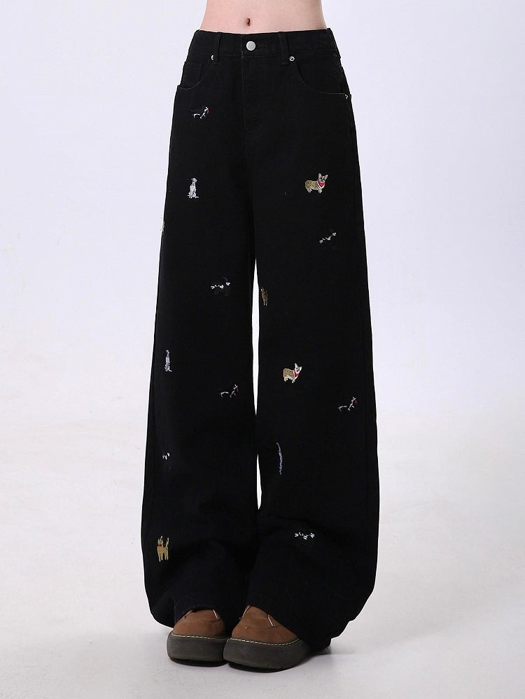 Embroidered Design Black/Blue Straight-Leg Jeans Dog