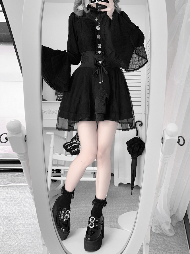 Kei Back with Skirt Black Bow Tie Overlay Detail Jacquard High-Waist Jirai