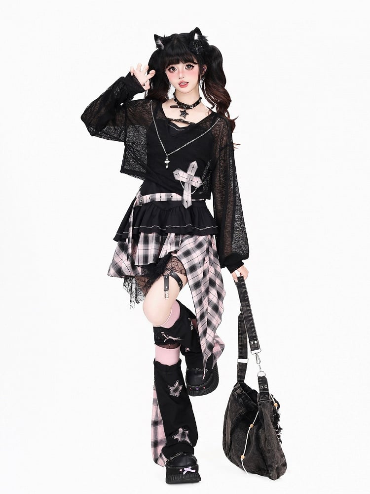 Black & Pink Plaid Cross Chain Decor Cropped Top - CRAZY GIRL