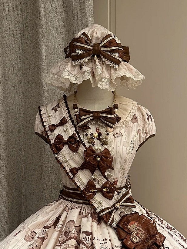 Brown Decorated Lolita Bear Bow with Print Lace-Trimming Hat