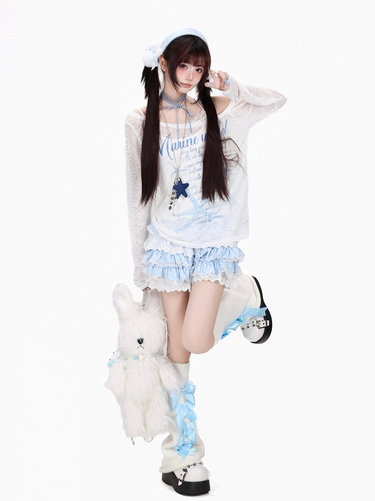 Sweet White Asymmetric Shoulder Lightweight Long Sleeve Top with Starfish & Letter Print - CRAZY GIRL
