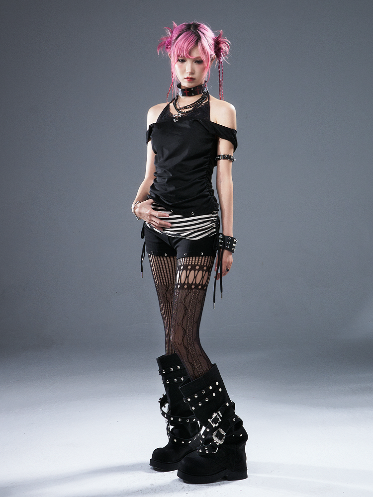 Punk with Shorts BlackWhite Studs Kint Striped Details Drawstring