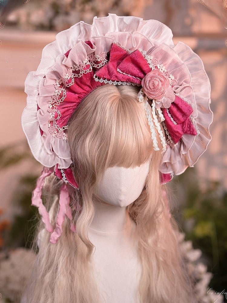 Pink/Rose with Detail Floral Lolita Rose Bonnet Light Pink Lace