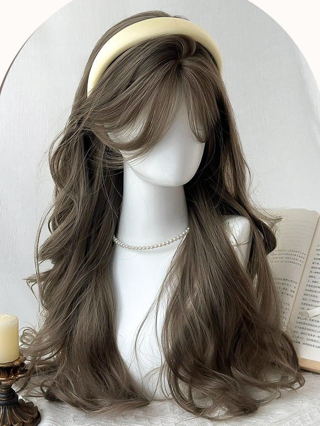 Braune lange gewellte Kunsthaarperücke mit Vorhangpony