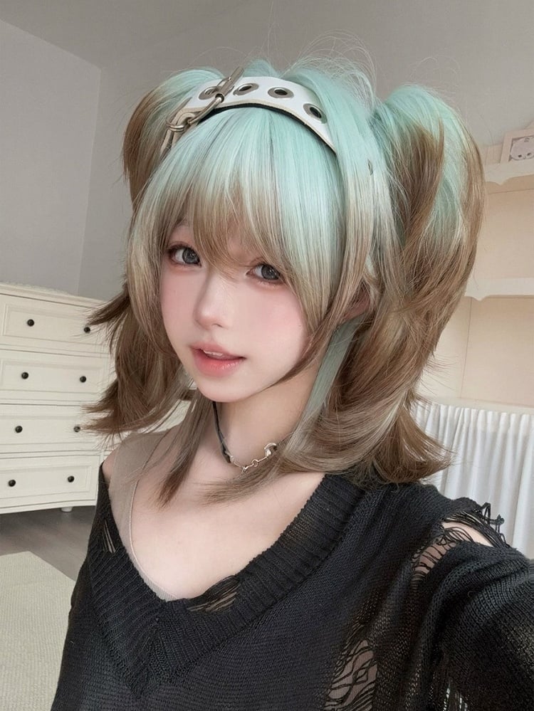 Ombre Green-Brown Short Wig with Twin Tails - Alice Garden