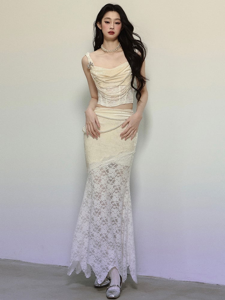 アプリコットカウルネックラインレースコルセットトップ