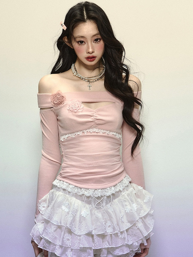 Pink Floral Design Off-the-shoulder Neckline Knit Top with Cutout Detail