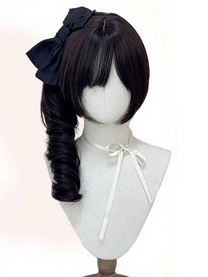 Black Tea 28cm Wig Bangs 55cm Curly Ponytail Claw Clip