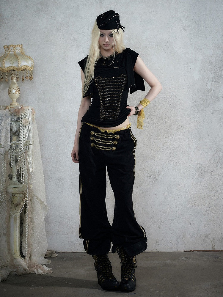Black Knit Short-Sleeve Top with Rhinestone Design - NO ROMANCE