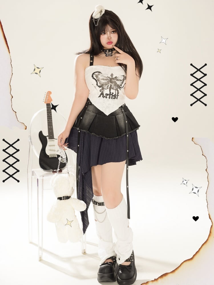 Plus Size Y2K Schmetterling Schwarz-Weiß Cami Top