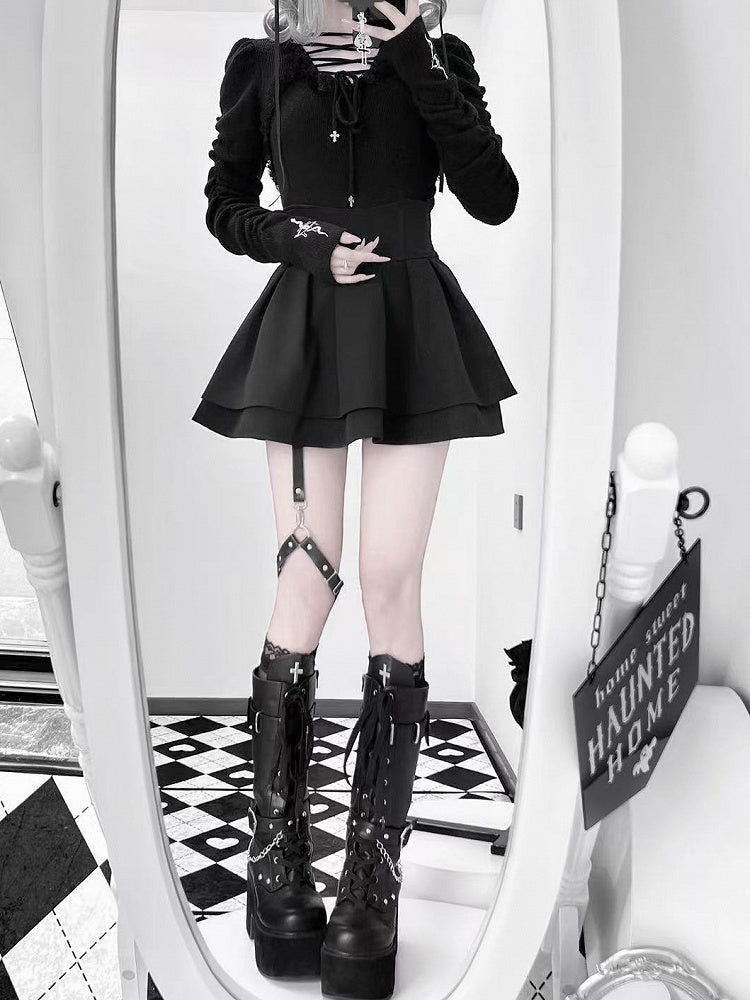 Lace-up Gothic Eye and Cross Embroidery Black Snake Knit Top with Straps Neckline