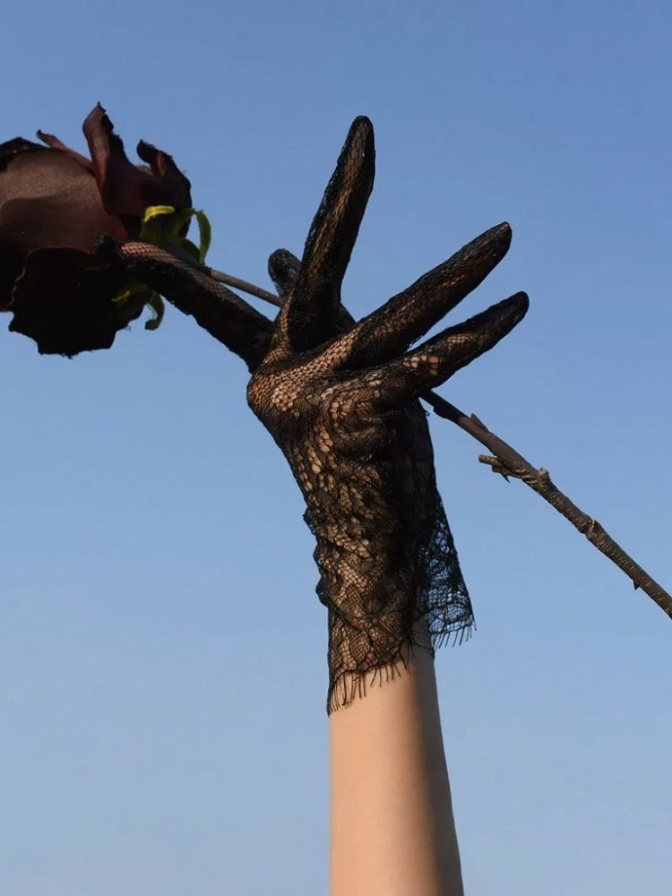 Short Lace Gloves with Floral Pattern in Two Shades - Mr. Cat