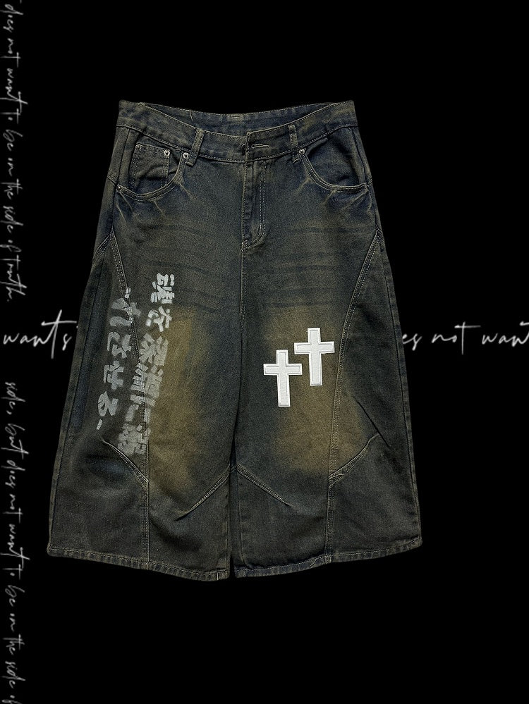 Blue Dark Wide-Leg Jeans Faded Wash Cross Appliques Distressed