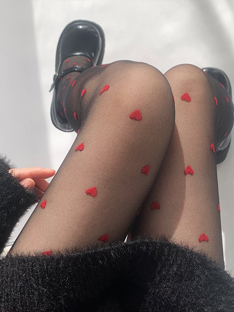 Black Pattern Red with Heart Tights