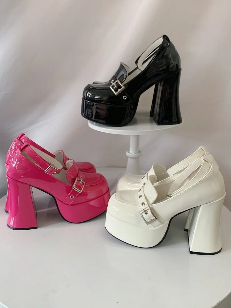Chunky Heel Y2K White Shoes - Platform Sole with Ornate Buckles & Removable Ankle Harness