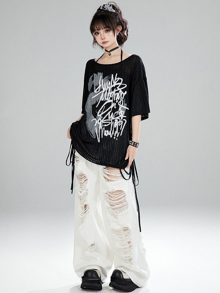 Loose Black Graffiti Pullover Print Fit Knit with Off-the-shoulder