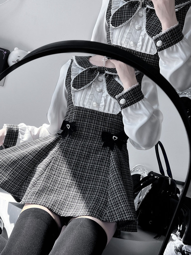 Bowknot Kei Plaid Details Jirai Schwarzes Outfit-Plissee lang + Top Shorts Ärmel Design