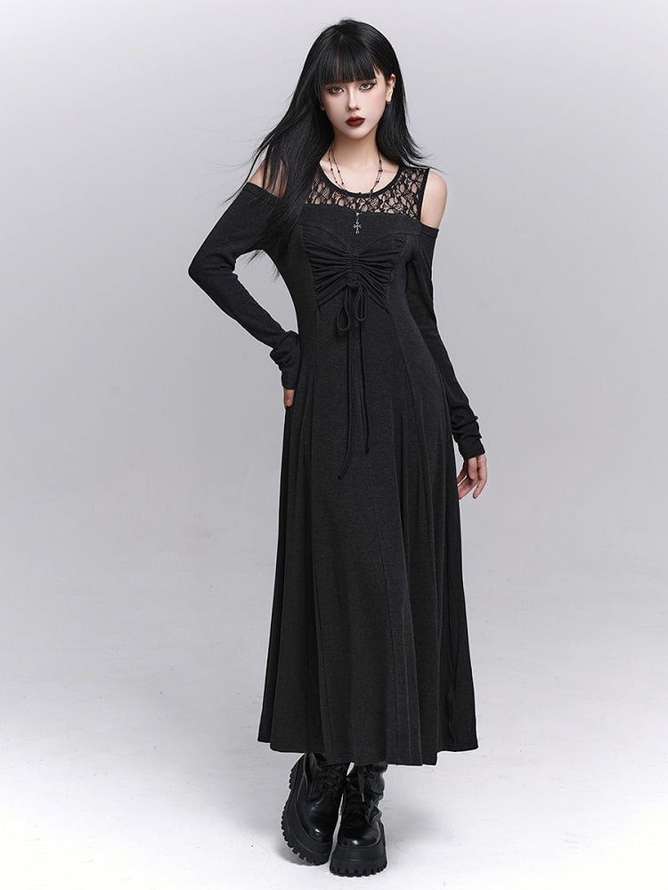 Detail Tie-Bow Gray with Dress Faux Two-Piece Dark Gothic