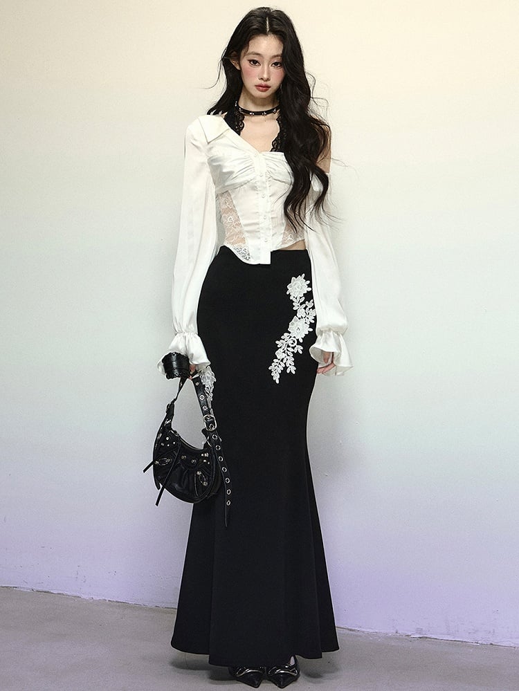 Schwarzer Meerjungfrauenrock mit Blumenstickerei und hoher Taille