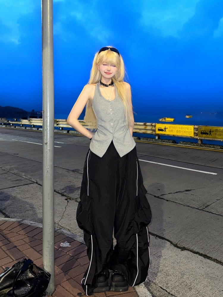 Top Gray Front Button Placket Halter Neck Glamorous Tank