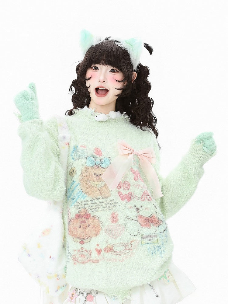 and Sweater - Hem Kawaii Apricot/Green Distressed Daily Neckline