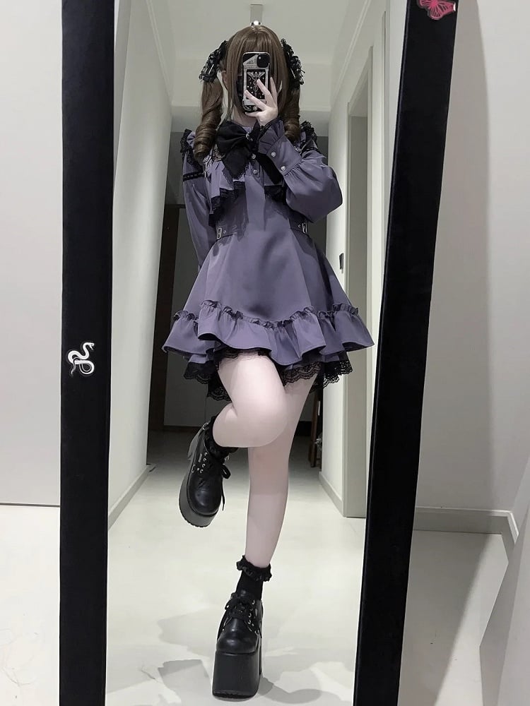 Long-Sleeve Lace Dress Kei Purple Matching + Bow Tie Ruffled Jirai Shorts Set