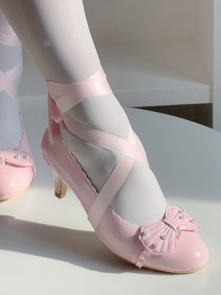 with Mid-heel Beadwork Scalloped in Bow Hem Elegant Details Pink Shoes Shell Lolita