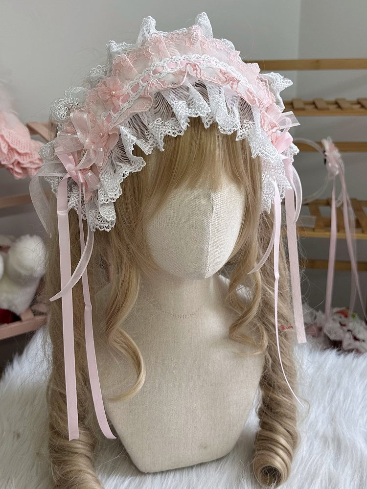 Ruffled Hairband Sweet Lolita Lace Bow Pink White