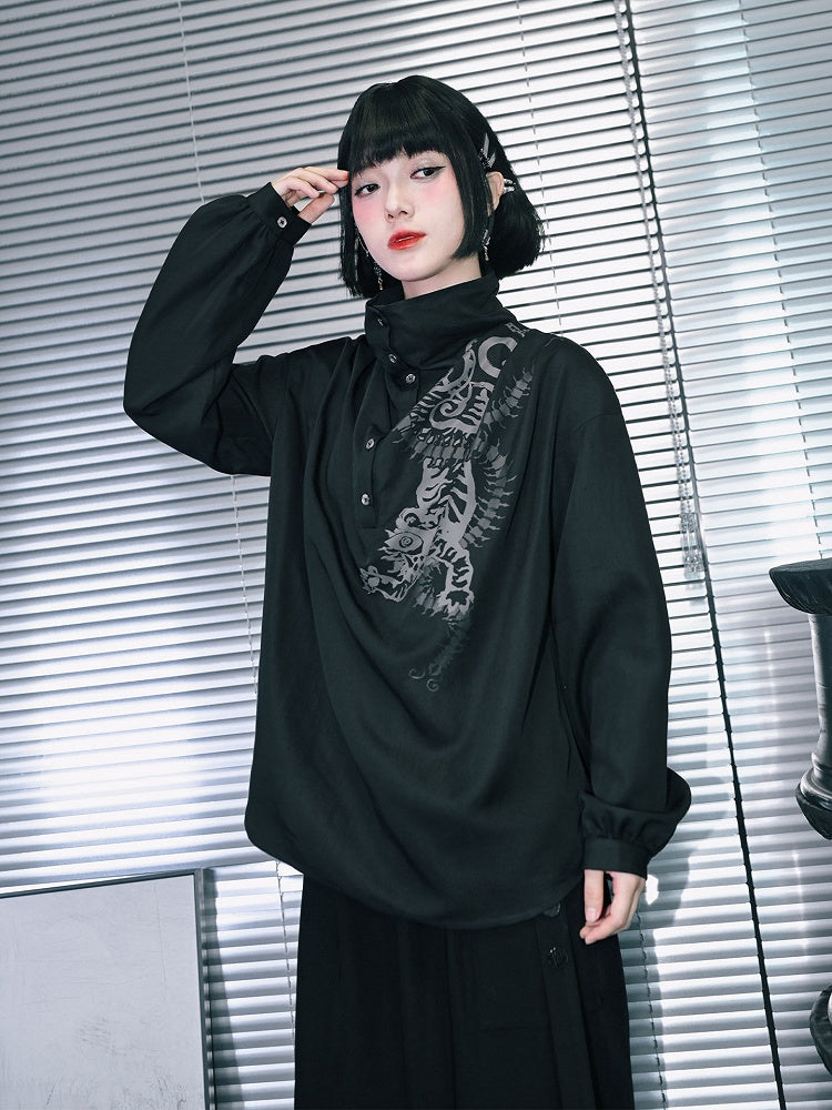 Blouse Cheongsam Five-Poison Ruched with Gothic Black Print Draping