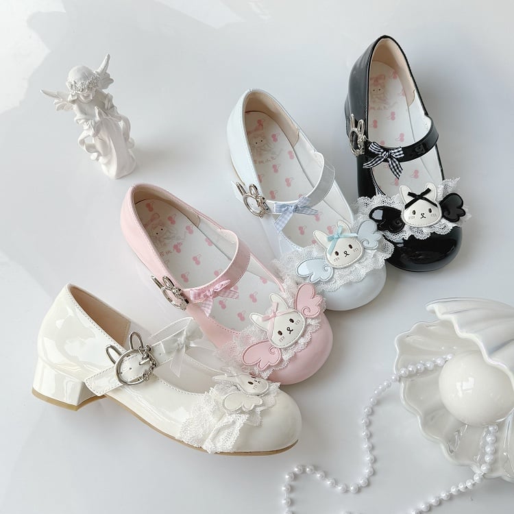 Applique Accents Low/Mid Wing Heels Sweet White - Lolita Toe Round Rabbit