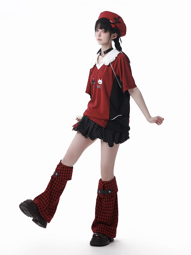 レッグ&チェック柄ブラックレッドウォーマー