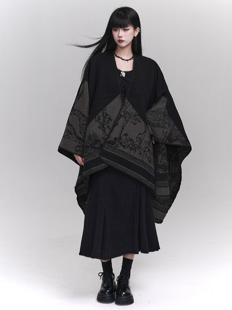 Ethnic Illustration Gothic Black Gray Poncho