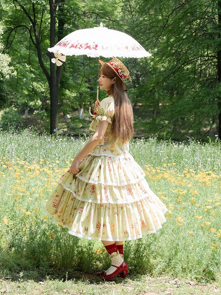 Grünes Print Fruit Summer Parfait Top mit kurzen Ärmeln