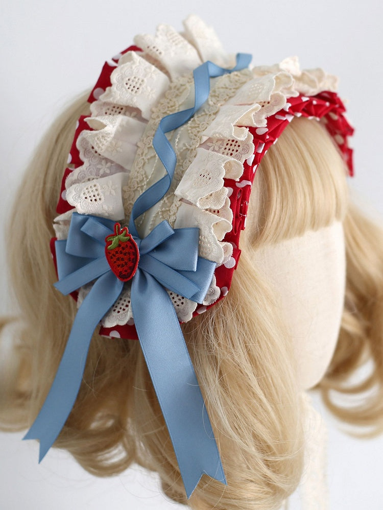 Strawberry Details Blue Applique Ruffled with Hairband Bowknot Red