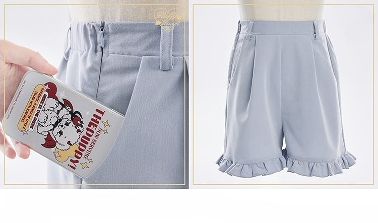 Coord Shorts with Kei Lace Set: Top Alice Cut-Out Brooch Bow Jirai Shoulder Blue