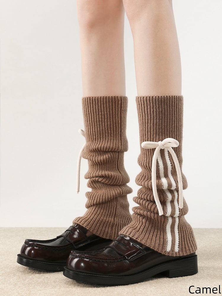 Colors Knitted Strappy Pattern Vertical Warmers 5 Bow Leg Striped Accent