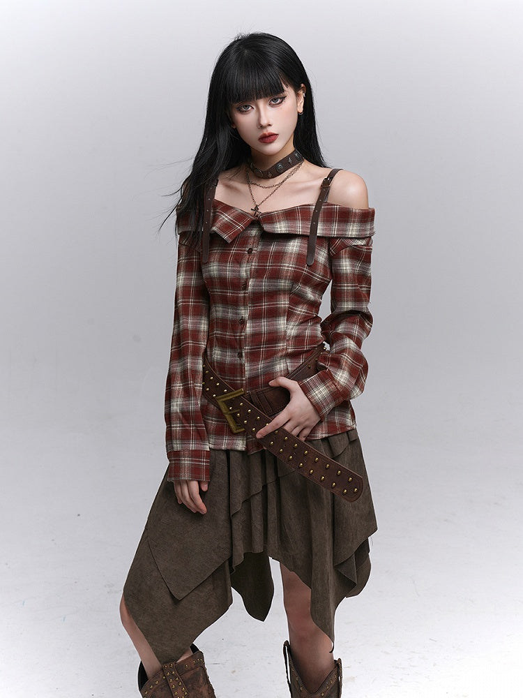 Plaid Off-Shoulder Design Blouse Gothic with PU Adjustable Red