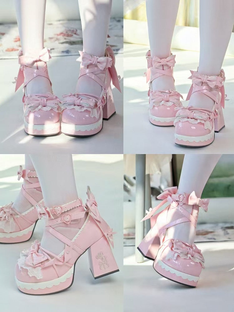 Pink Heel Mary Bow High Lolita Striped 8cm - Block Janes PU Sweet Platform