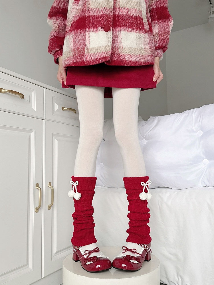 with Decorations Leg White Warmers Pom-pom Red Knitted