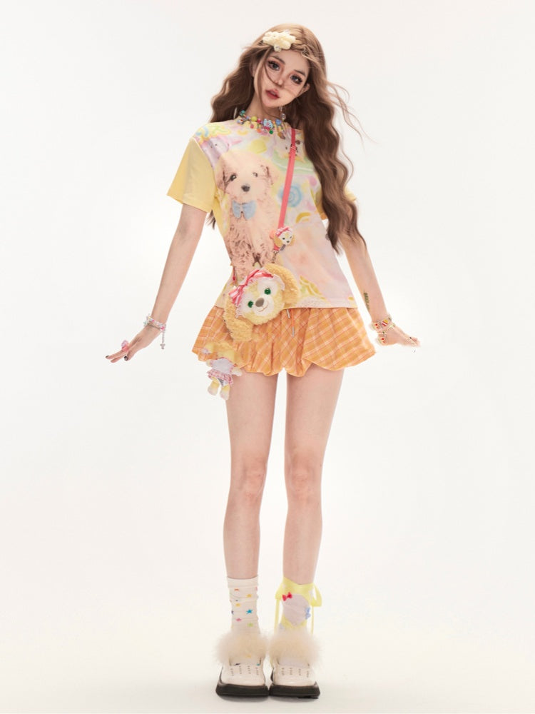 Light Yellow Round Neck Cute Puppy Print T-Shirt