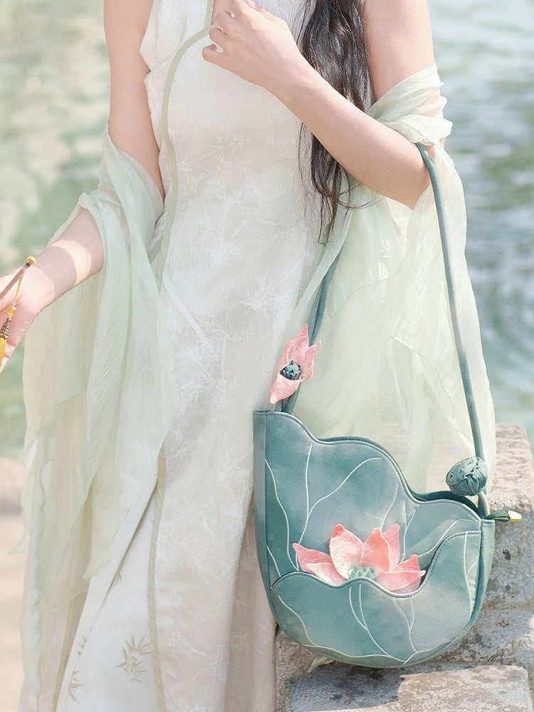 Embroidered Lotus Bag Pink Green - Miss Cat